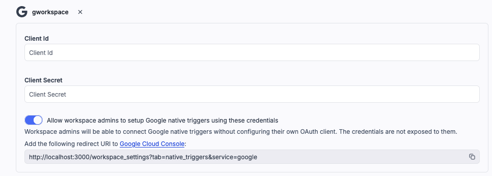 Instance-level gworkspace settings with shared credentials toggle and redirect URI Instance gworkspace settings